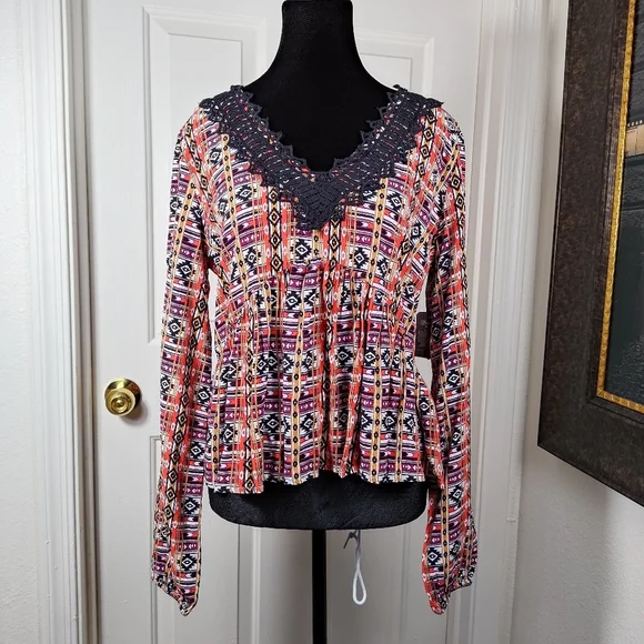 Wrangler Geometric Multicolor Patterned Black Lace V-neck Long Sleeve Top Smal - Picture 2 of 13